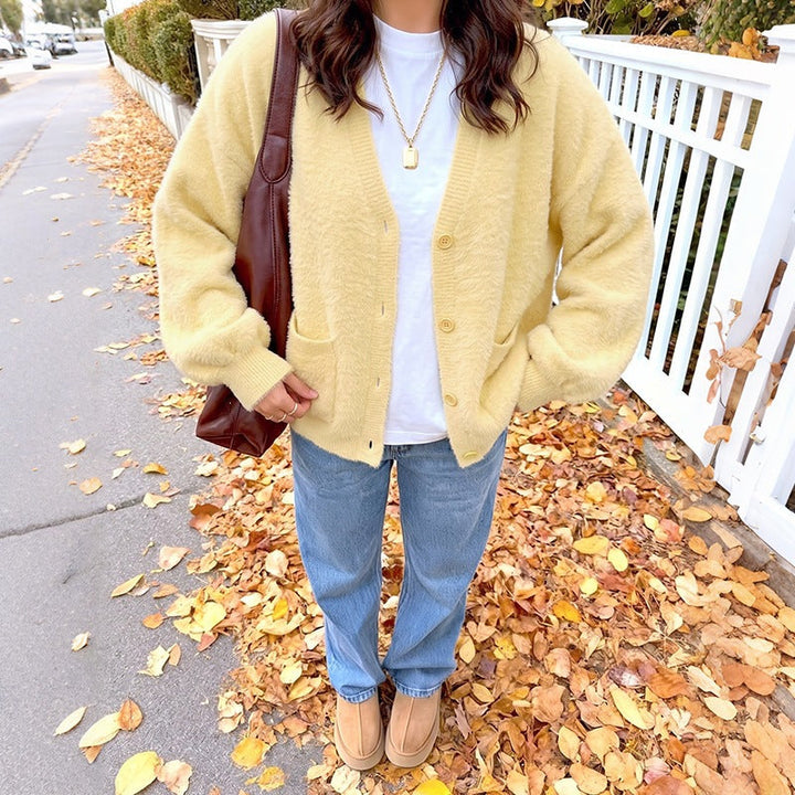 Damen Kuschelige Oversize-Cardigan aus Teddy-Fleece mit V-Ausschnitt, aufgesetzten Taschen & Rippbündchen Echoarchiv