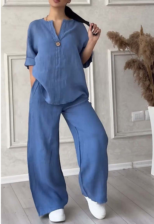 Damen nan lässiges Leinen-Relax-Set mit weiter Hose und Hemdbluse Echo Archiv