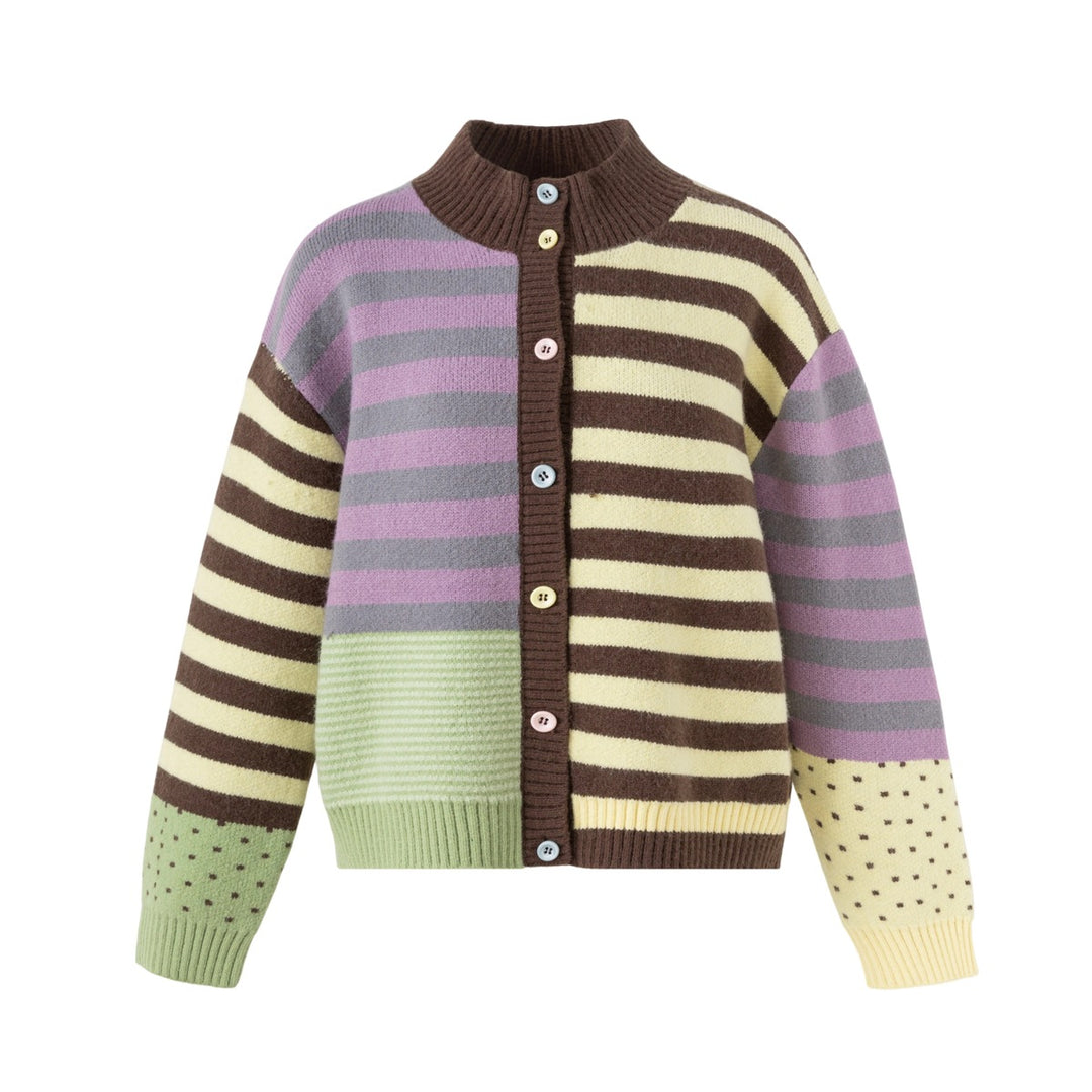 Damen Strickjacke im Patchwork-Streifenmix mit Stehkragen und Knopfleiste Echoarchiv