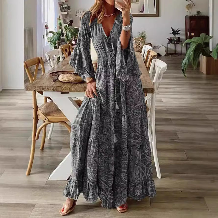Damen Boho Maxikleid mit Paisley-Print, V-Ausschnitt, Stufenrock und Bindegürtel Echoarchiv