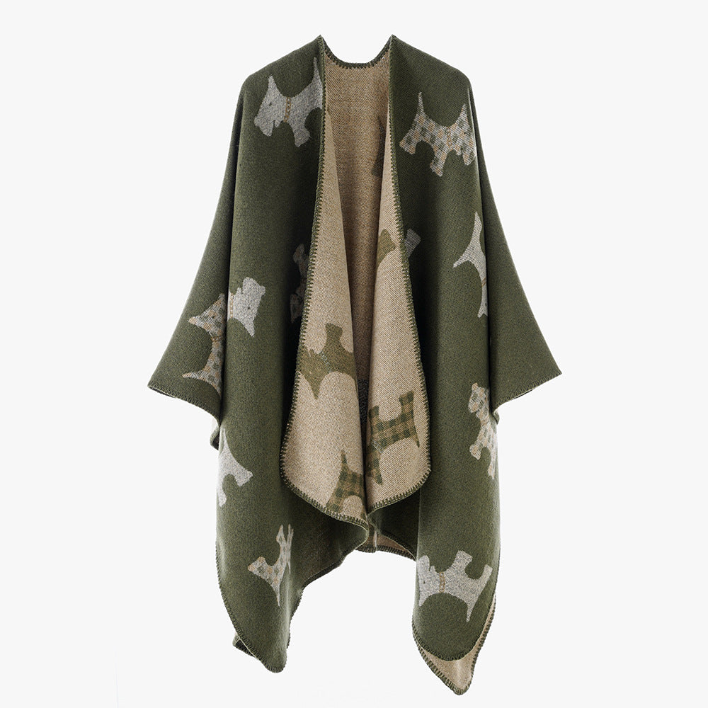 Damen Oversize-Poncho mit jacquardgewebtem Terrier‑Motiv und kontrastiertem Innenfutter Echo Archiv