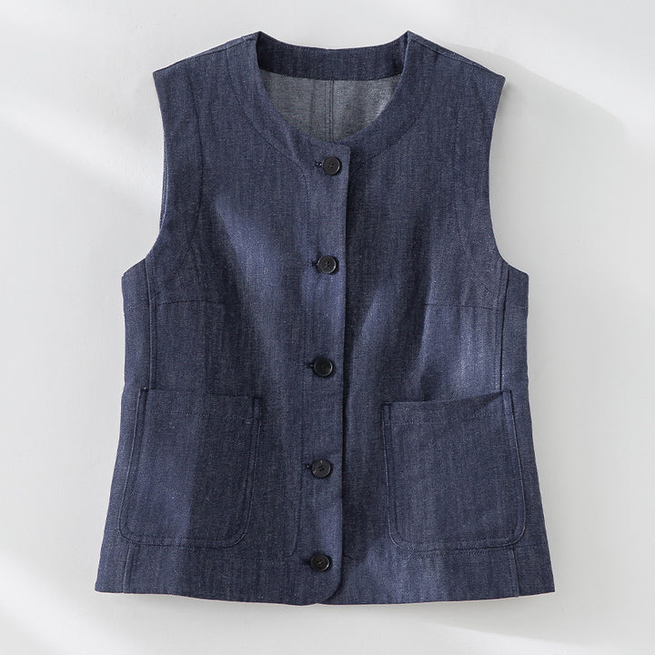 Damen Ärmellose leicht taillierte Weste aus Leinen-Denim mit Knopfleiste und aufgesetzten Taschen Echoarchiv
