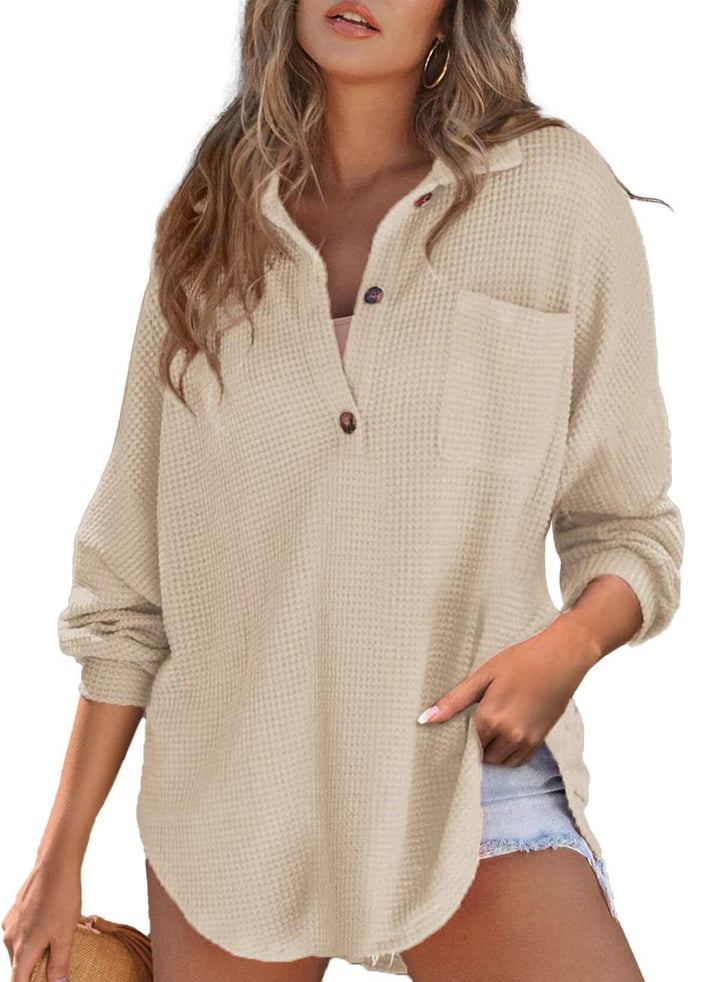 Damen Oversize Waffelstrick-Hemdbluse mit Kentkragen, Brusttasche und gerundetem Saum Echo Archiv