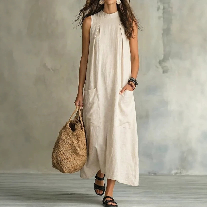 Damen nan ärmelloses Leinen-Maxikleid mit Stehkragen, Brustfalten und aufgesetzten Taschen Echo Archiv