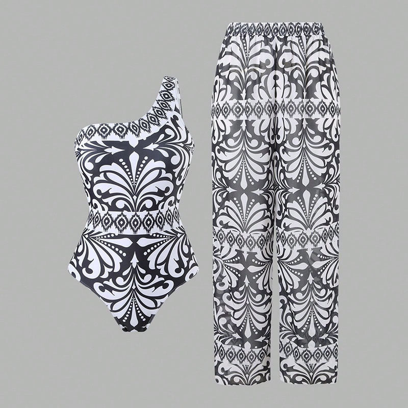 Damen Einteiler Badeanzug mit elegantem asymmetrischen Design und passender Hose Echo Archiv