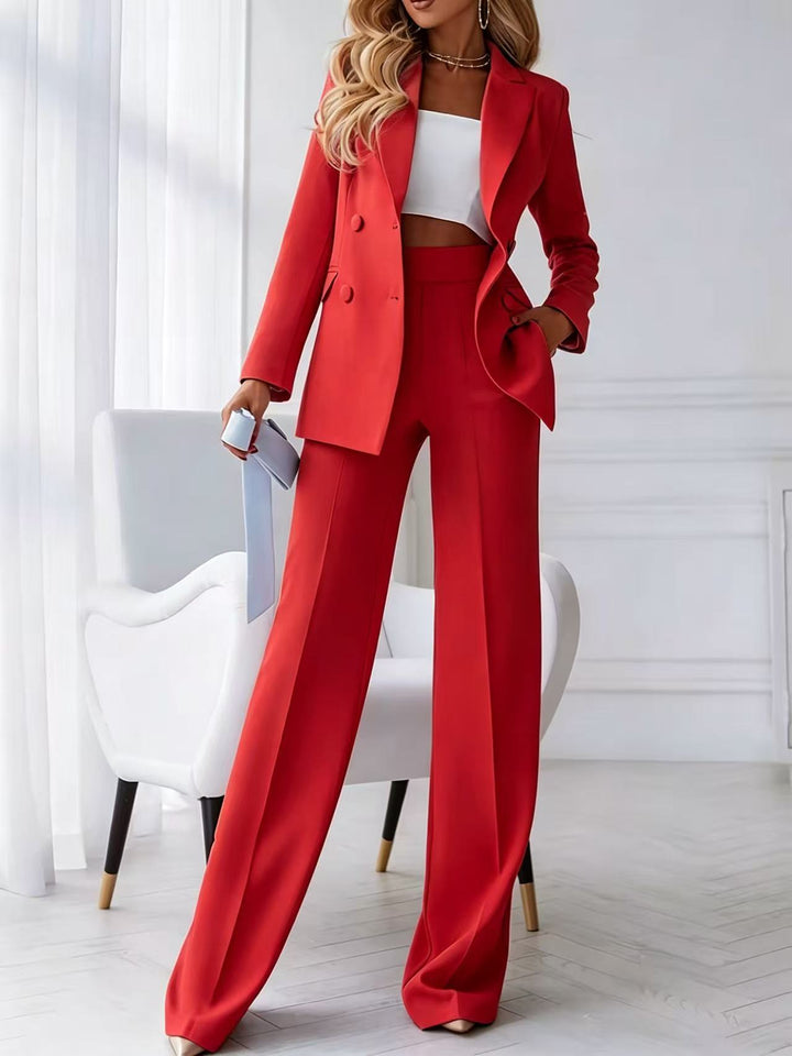 Damen Zweiteiliger Business-Hosenanzug mit tailliertem Zweireiherblazer und High-Waist Palazzo-Hose – Valéne