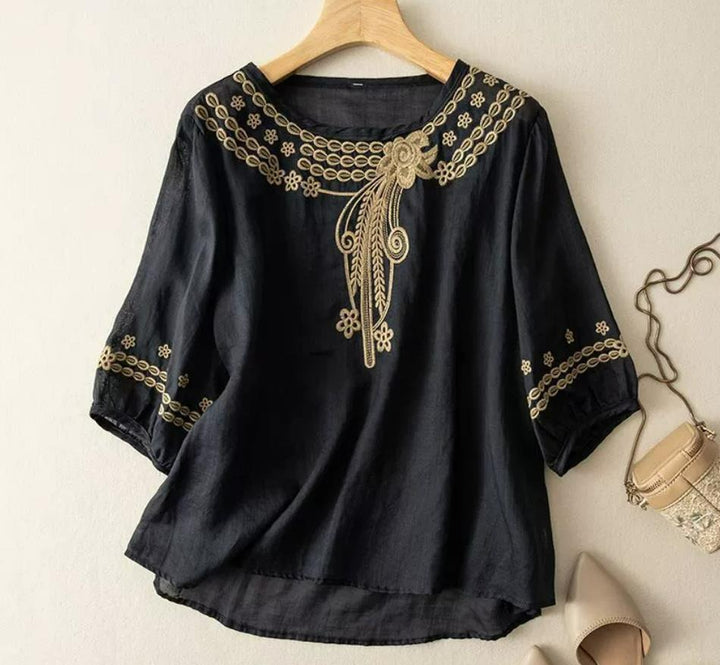 Damen Bestickte Leinenoptik-Bluse mit Rundhalsausschnitt und Dreiviertelärmeln – Élovi