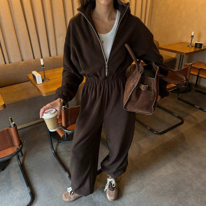 Damen Lässiger Fleece-Hausanzug mit Zip-Kapuze und elastischem Taillenbund – Avérine