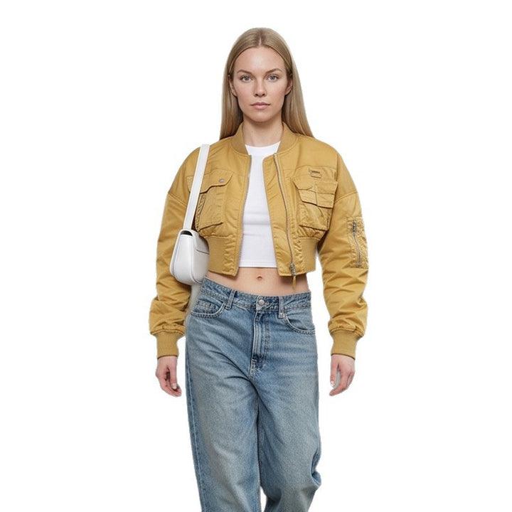 Damen Kurz geschnittene Utility-Bomberjacke mit praktischen Taschen und Rippenbündchen Echoarchiv
