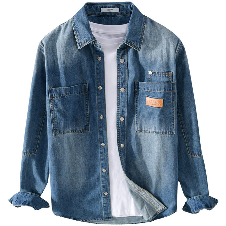 Herren Vintage-Jeanshemdjacke im Overshirt-Look mit Druckknöpfen und Kontrastnähten Echoarchiv