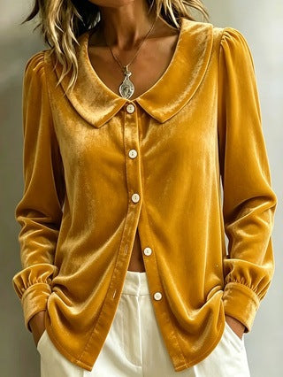 Damen Samt‑Hemdbluse mit Peter‑Pan‑Kragen und Perlmuttknopfleiste Echoarchiv