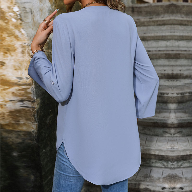 Damen Leichte V-Ausschnitt Chiffonbluse mit dreiviertel Ärmeln, Knopfdetail und Frontfalte Echoarchiv