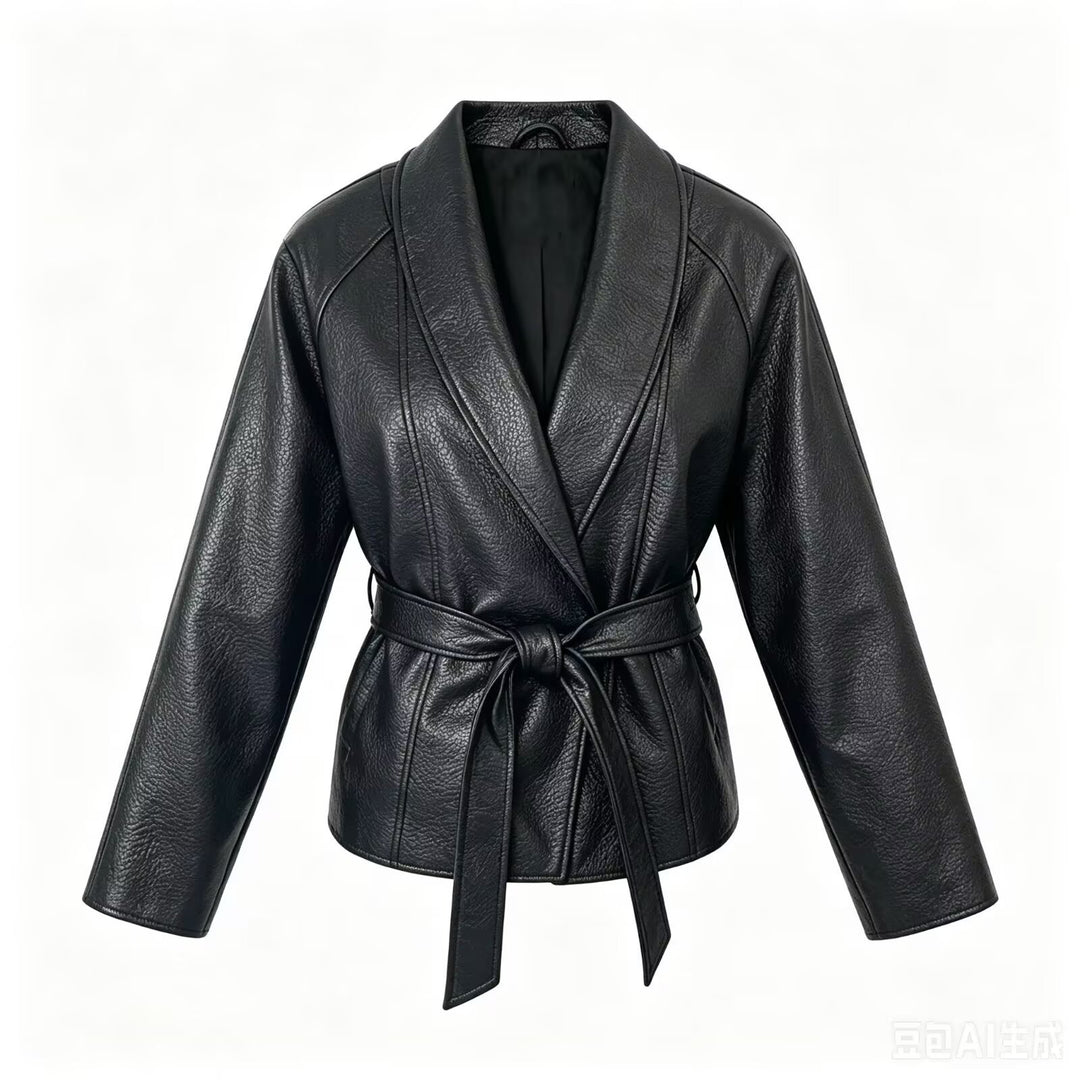 Damen Taillierte Kunstlederjacke mit Schalkragen und Bindegürtel Echo Archiv