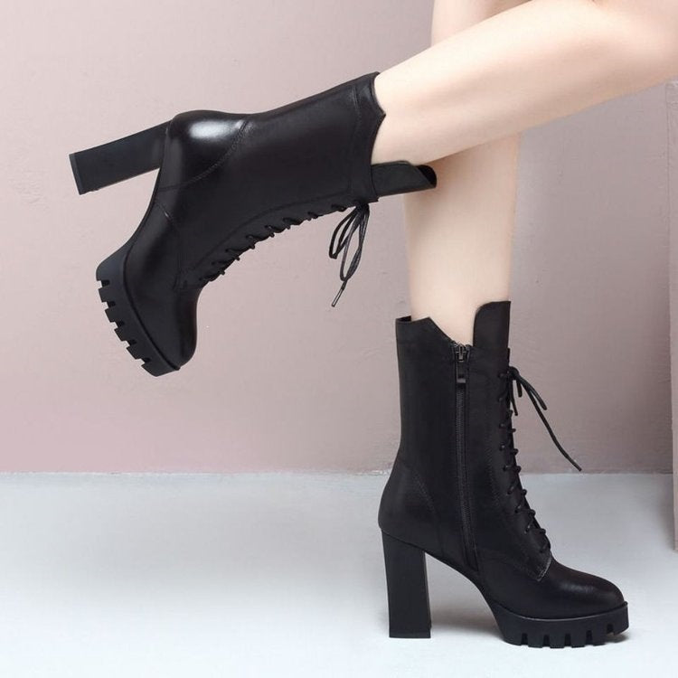 Damen Elegante Ankle Boots mit hohem Blockabsatz und Schnürung Echo Archiv