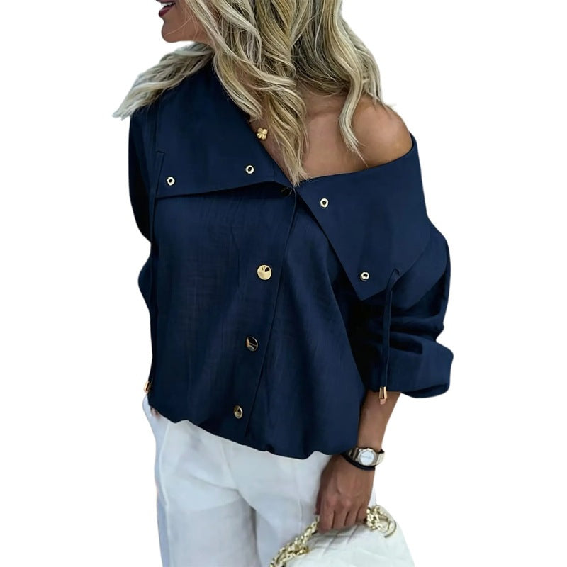 Damen Oversize Off-Shoulder Leinenbluse mit asymmetrischem Kragen und Zierknopfleiste Echo Archiv