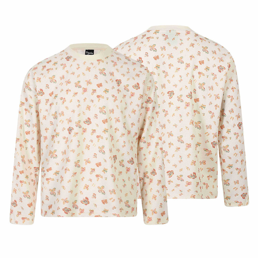 Damen Waffelstrick-Langarmshirt mit Allover-Schmetterlingsprint und Rundhals Echoarchiv