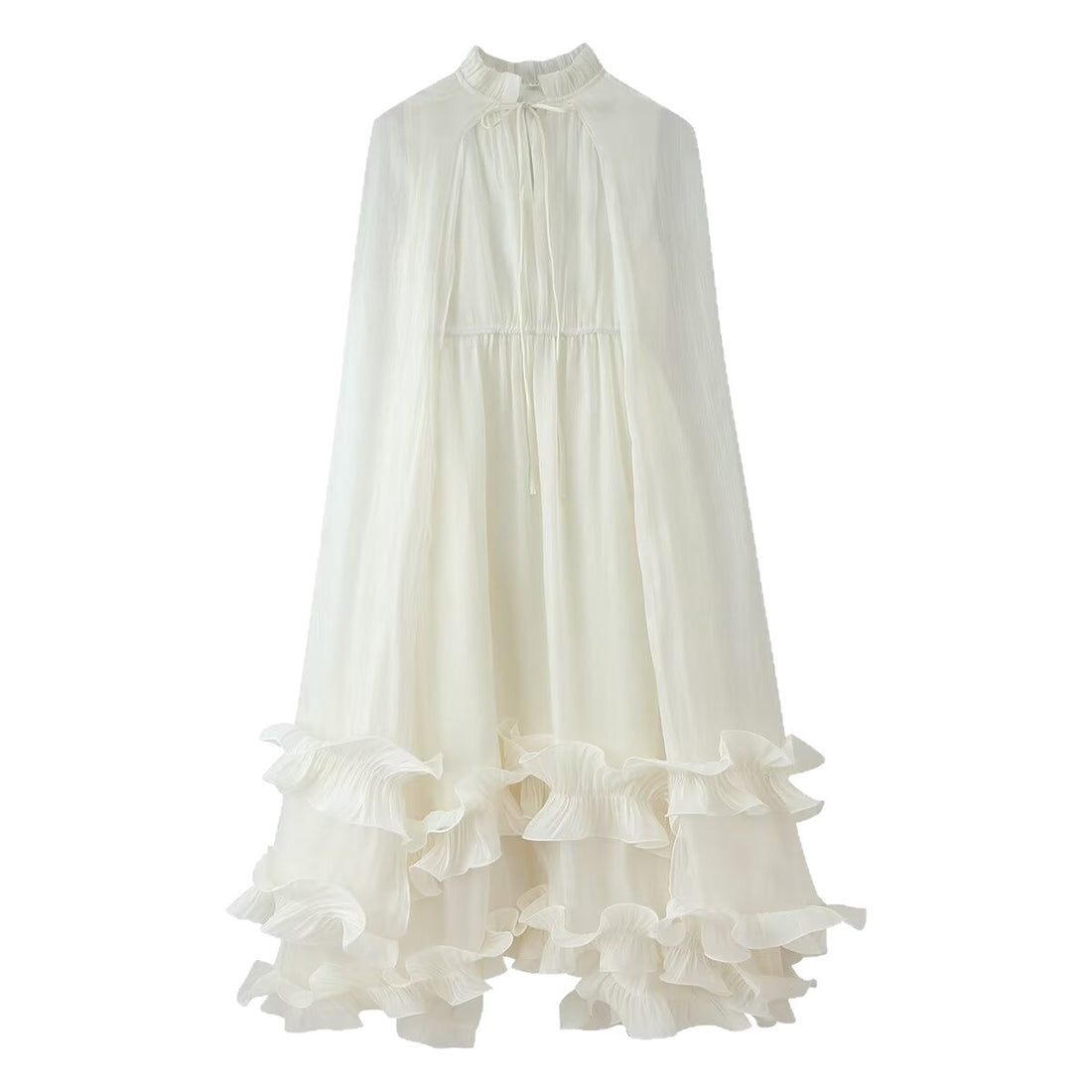 Damen Maxikleid mit Volant‑Cape, mehrlagigem Stufenrock und Stehkragen Echoarchiv