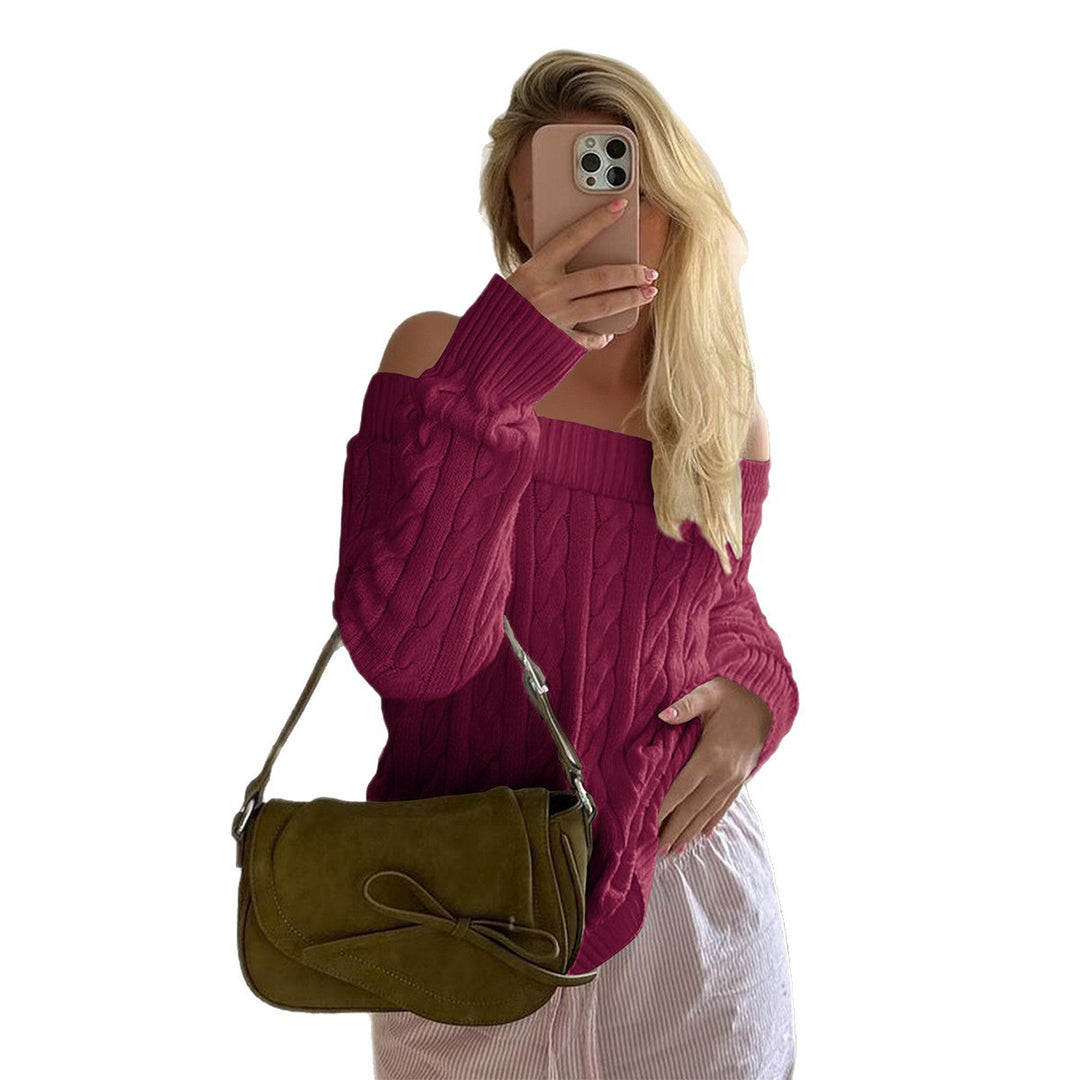 Damen oversized schulterfreier Zopfstrickpullover mit geripptem Ausschnitt und Ballonärmeln – Mavelle