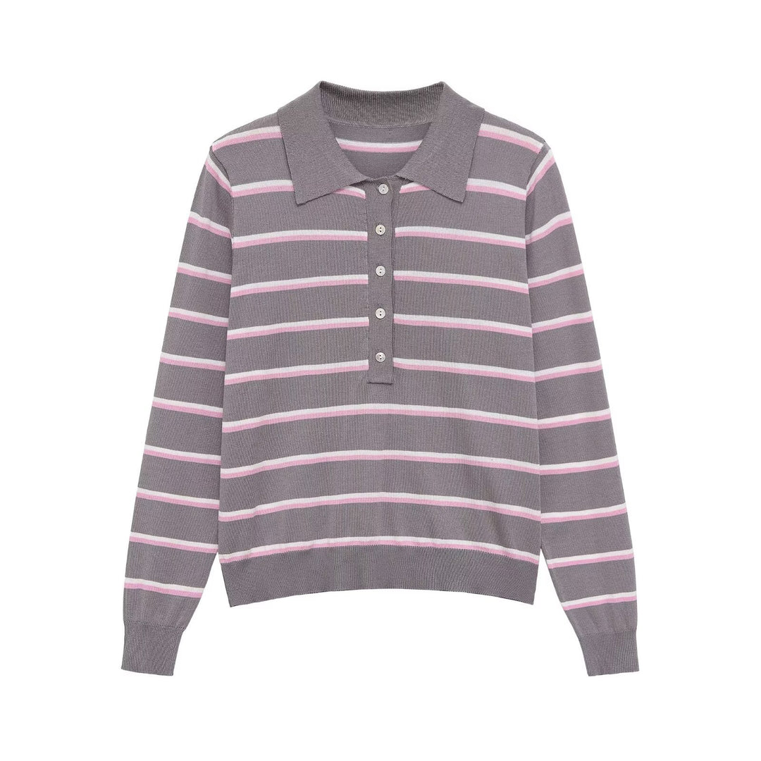 Damen Gestreifter Feinstrick-Polo-Pullover mit Knopfleiste und Rippbündchen Echo Archiv