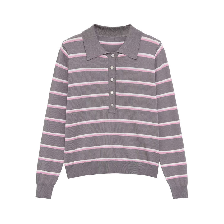 Damen Gestreifter Feinstrick-Polo-Pullover mit Knopfleiste und Rippbündchen Echo Archiv