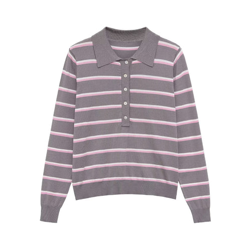 Damen Gestreifter Feinstrick-Polo-Pullover mit Knopfleiste und Rippbündchen Echo Archiv