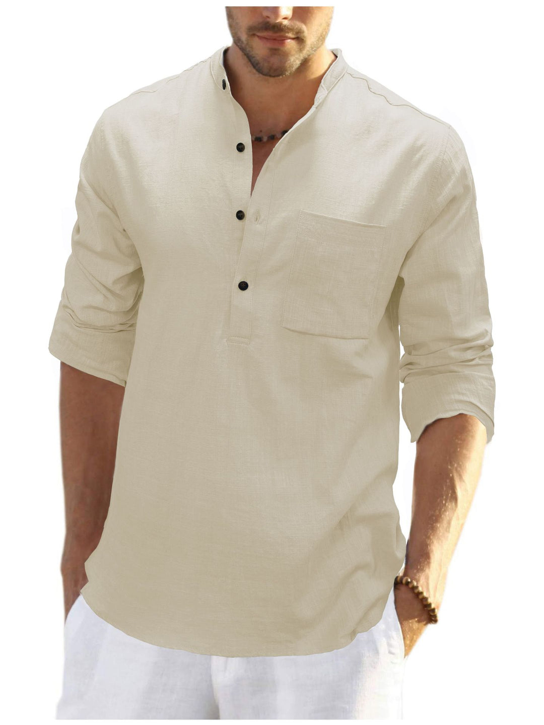 Herren lässiges Langarm-Henley-Shirt aus angenehmem Leinenmix mit Brusttasche Echoarchiv
