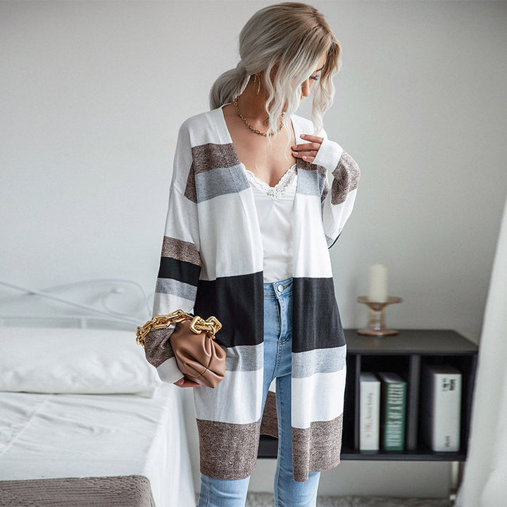 Damen Langer Offener Strickcardigan mit Blockstreifen, Leichtem Fall und Eingrifftaschen Echoarchiv