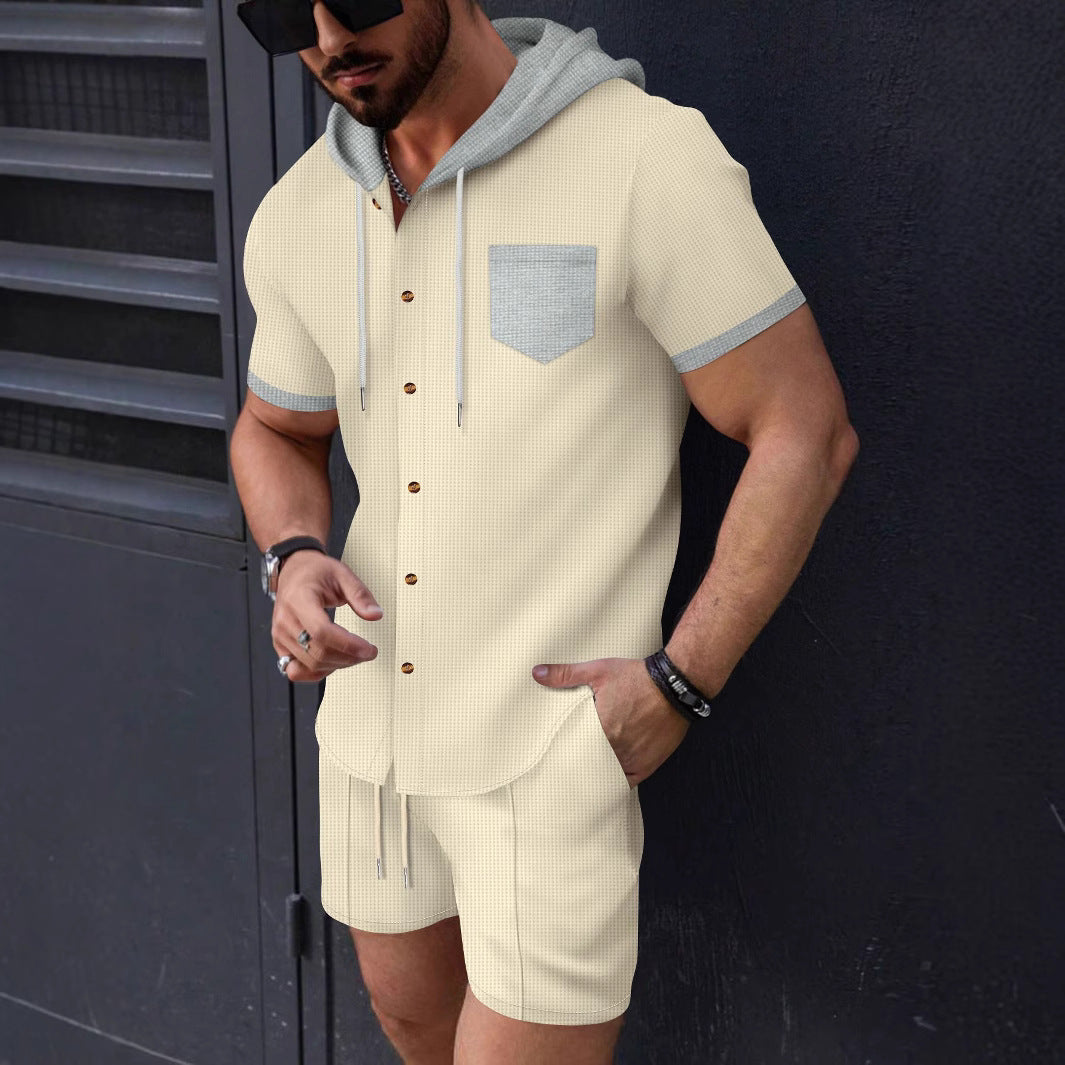 Herren Kurzarm-Hemd und Shorts-Set mit Kapuze Echoarchiv