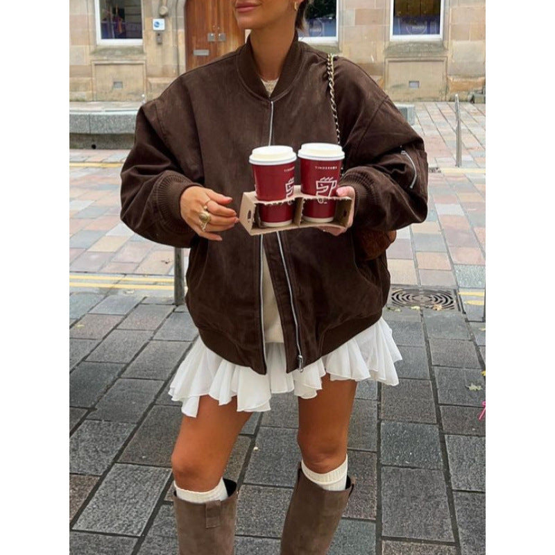 Damen Oversize-Suede-Bomberjacke mit Reißverschluss & gerippten Bündchen Echoarchiv