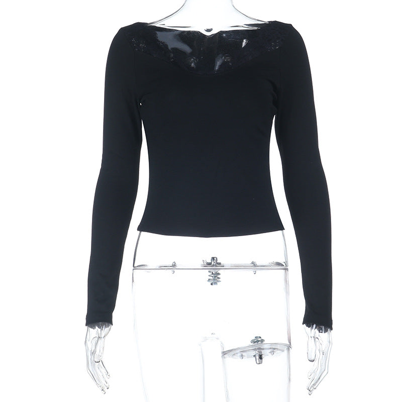 Damen Figurbetontes Langarmshirt mit Spitzen-V-Ausschnitt – Avérine
