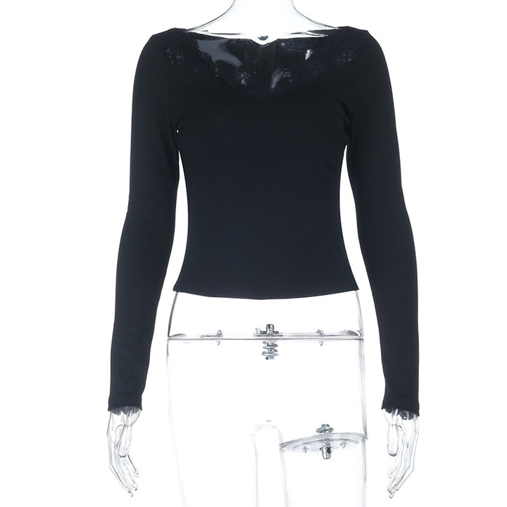 Damen Figurbetontes Langarmshirt mit Spitzen-V-Ausschnitt – Avérine