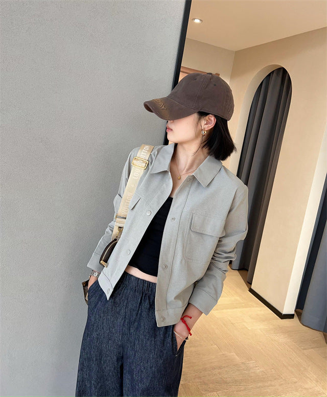 Damen Kurze Overshirt-Jacke aus strukturiertem Canvas mit Brusttaschen Echoarchiv