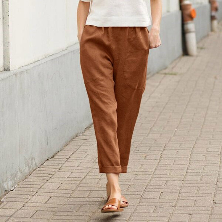 Damen nan leichte Leinenhose mit elastischem Bund, seitlichen Eingrifftaschen und gekrempeltem Saum Echo Archiv