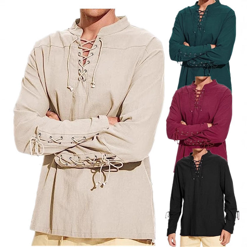 Herren Leinenhemd mit originellem Schnürdesign und lässigem Stehkragen Echoarchiv