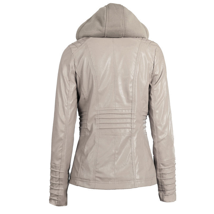Damen Slim-Fit Kunstlederjacke mit Kapuze, Steppärmeln und Reißverschlusstaschen Echoarchiv
