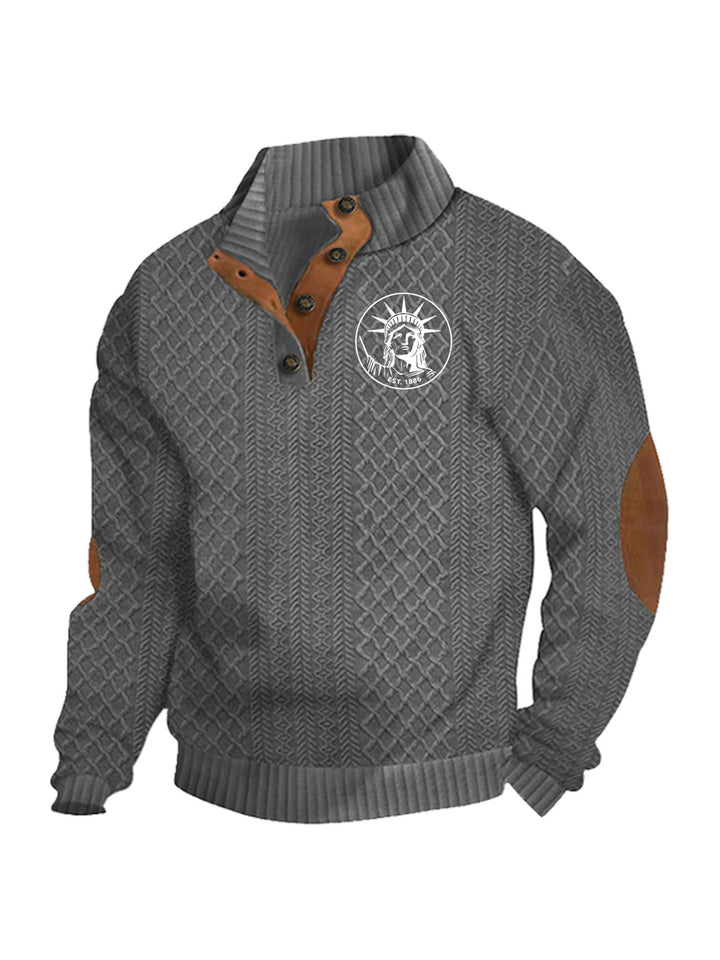 Herren nan Heritage-Strukturpullover mit Stehkragen Lederimitat-Besatz Ellenbogen-Patches und Halbknopfleiste Echo Archiv