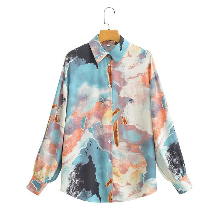 Damen Seidenoptik-Hemdbluse mit abstraktem Print und Oversize-Schnitt Echo Archiv