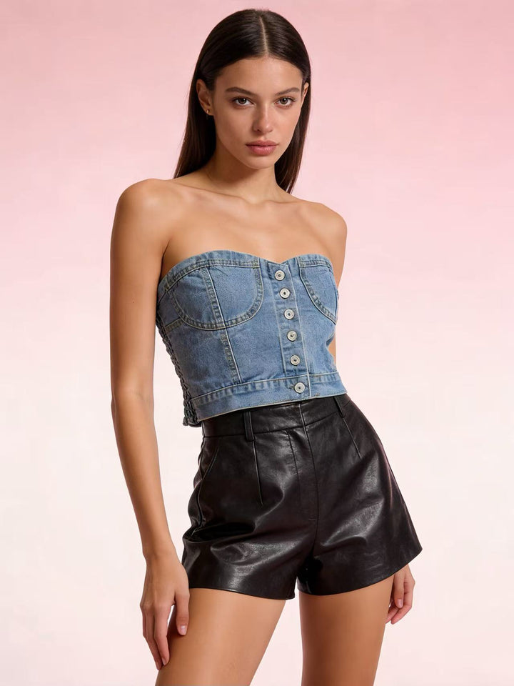 Damen Denim Bustier-Oberteil mit Knopfdetails und tailliertem Schnitt Echo Archiv
