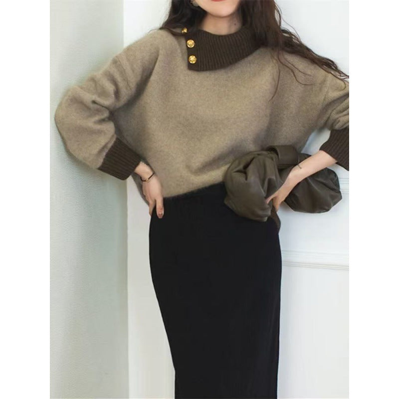 Damen Kurzgeschnitteter Pullover mit asymmetrischem Knopf‑Mockneck und Ballonärmeln Echoarchiv