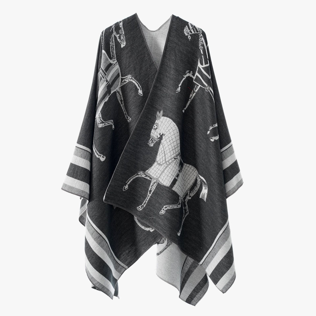 Damen Jacquard-Poncho-Überwurf mit Pferde-Motiv und kastiger Kimono-Silhouette – Célinea