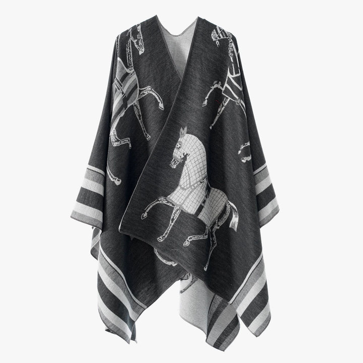 Damen Jacquard-Poncho-Überwurf mit Pferde-Motiv und kastiger Kimono-Silhouette – Célinea