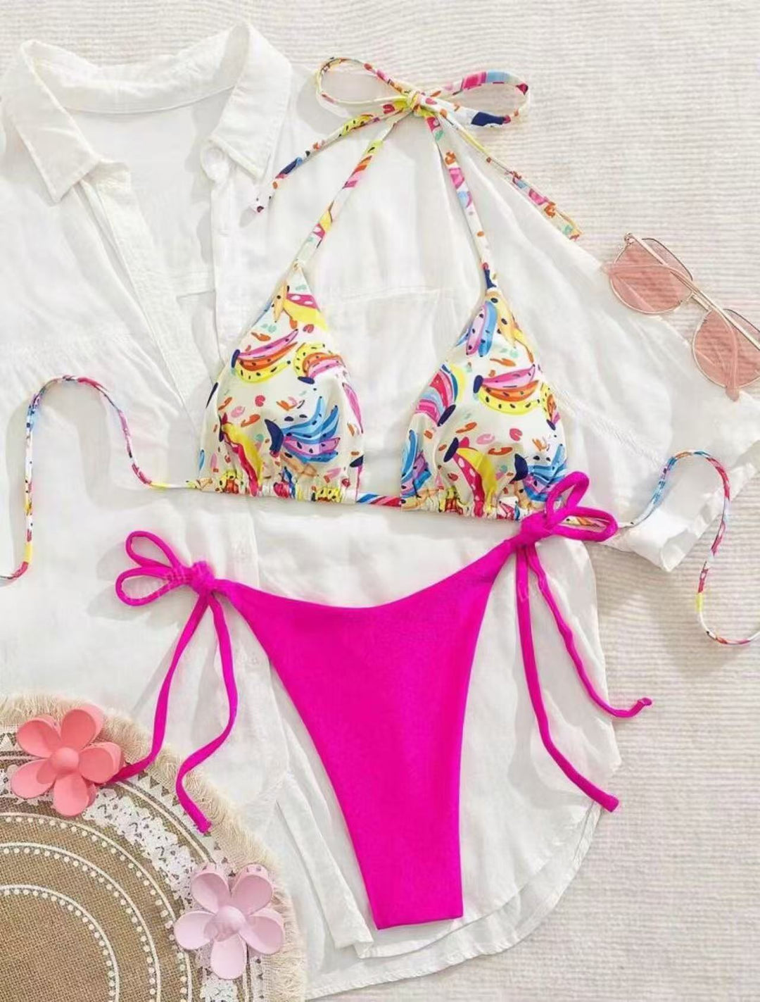Damen Bikini-Set mit buntem Obstmuster und seitlichem Knoten Echo Archiv