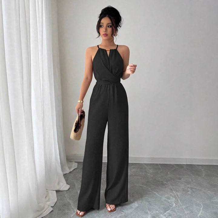 Damen Ärmelloser Neckholder-Jumpsuit mit Wickeloberteil und weitem Bein Echo Archiv