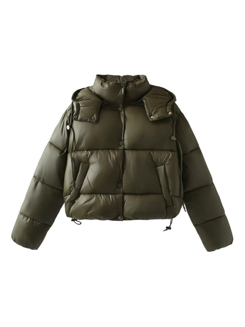 Damen Glänzende Cropped Pufferjacke mit Kordelzug und Druckknopfblende Echo Archiv
