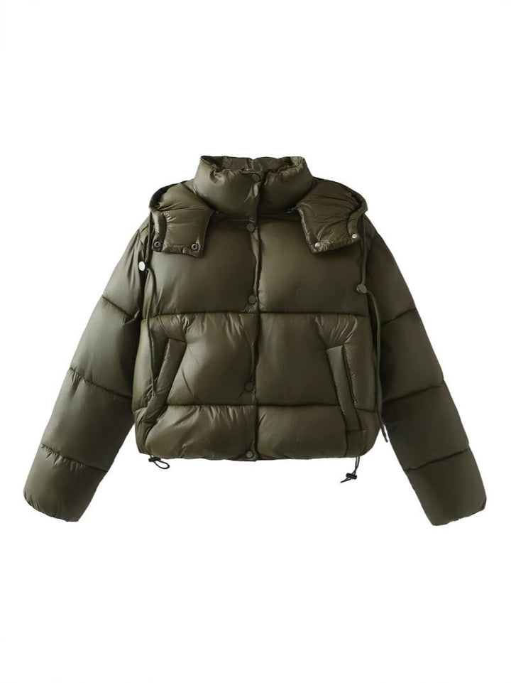 Damen Glänzende Cropped Pufferjacke mit Kordelzug und Druckknopfblende Echo Archiv
