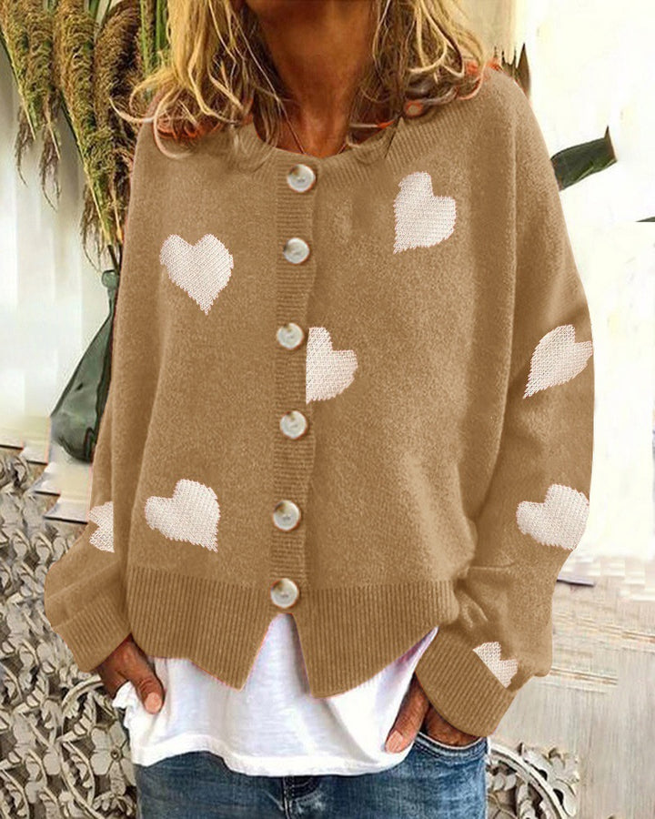 Damen Geknöpfter Oversize-Strickcardigan mit Herz-Jacquard und Perlmuttknöpfen Echo Archiv