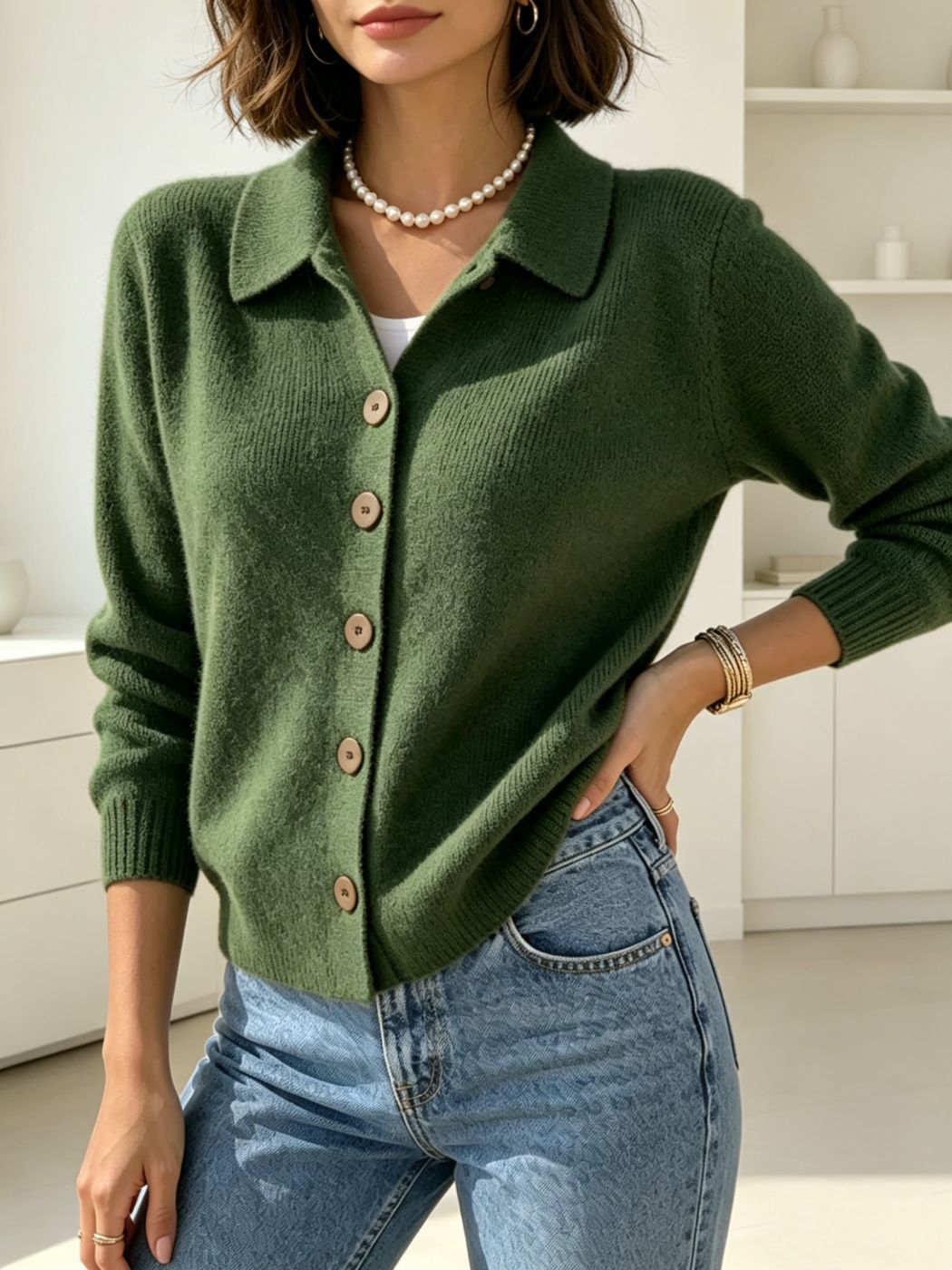 Damen Feinstrick-Cardigan mit Hemdkragen, entspannter Silhouette und Holzknöpfen – Veloura