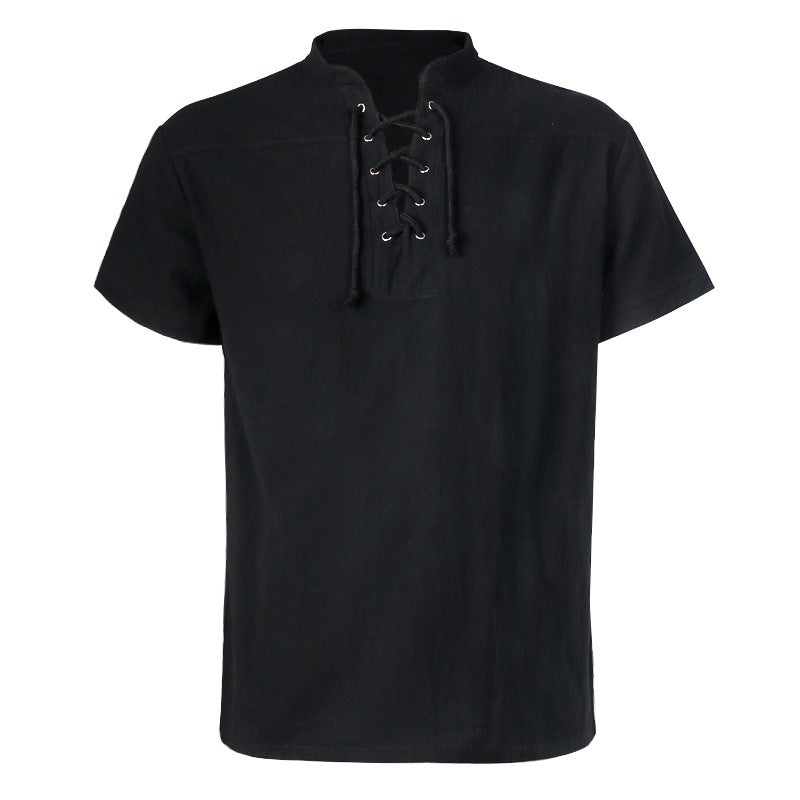 Herren lässiges Kurzarmshirt mit geschnürter V-Kehle, kurzem Stehkragen und weichem Baumwollmix – Marzano