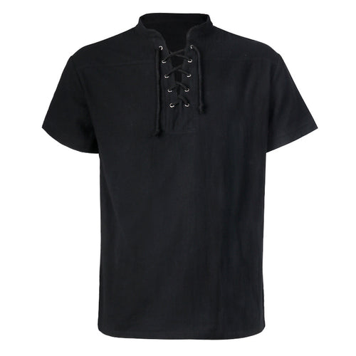 Herren lässiges Kurzarmshirt mit geschnürter V-Kehle, kurzem Stehkragen und weichem Baumwollmix – Marzano