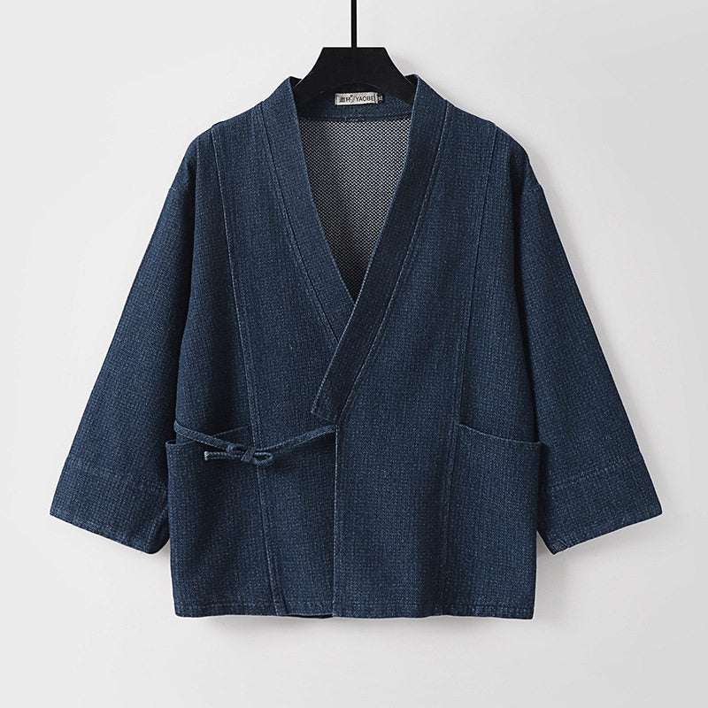 Unisex Jeans-Kimono-Jacke mit Bindegürtel und aufgesetzten Taschen Echoarchiv